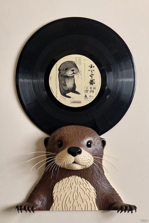 a cute Otter, (Black vinyl record), minimalism art, (masterpiece, best quality, perfect composition, very aesthetic, absurdres, ultra-detailed, intricate details, Professional, official art, Representative work:1.3)