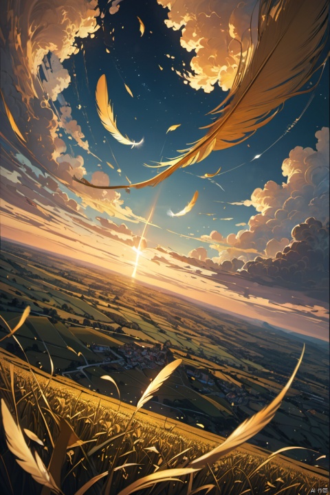 Movie-like still images and dynamic angles, small golden feathers floating high in the sky, small golden feathers, floating feathers high in the sky, wide cinematic lens, tyndall effect, majestic sky, magical atmosphere, (masterpiece, best quality, perfect composition, very aesthetic, absurdres, ultra-detailed, intricate details, Professional, official art, Representative work:1.3)