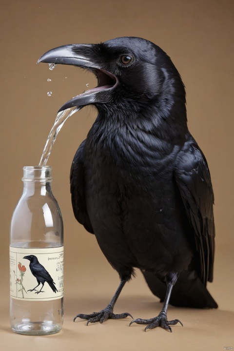 cute crow tries to figure out how to drink water from a bottle, (masterpiece, best quality, perfect composition, very aesthetic, absurdres, ultra-detailed, intricate details, Professional, official art, Representative work:1.3)