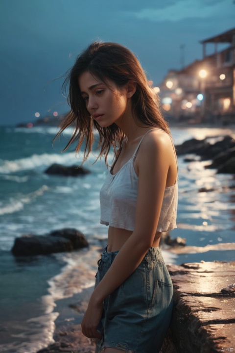 a girl by the sea, by Ismail Inceoglu, summer night, (High detail, photograph, realistic), (best quality, masterpiece, Representative work, official art, Professional, 8k:1.3)