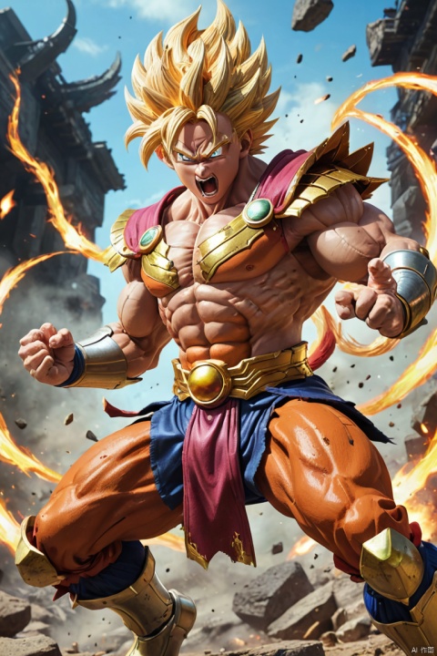 illustration,dragon ball,figure,Wukong,vegnette,robust,Saiyan,fighting,energy beam,Action packed,epic fighting,martial arts,Explosive force level,flight,gas explosion,Transformation,Characteristic hairstyle,muscular,otherworldly existence,fantasy,venture,superhuman strength,Supernatural abilities,angry,Axia,Namexians,robot,fighting championship,galactic conquest,cosmic threat,evil villain,The ultimate warrior,Orbital energy attack,dynamic poses,rich and colorful,shining,eye-catching,high-energy,Explosive effect,Orin Temple,dragon balls,deformation,interesting,good and evil,Teamwork,loyalty,destiny,immortal,lasting legacy,A symbol of power,The spirit of never giving up,Heroes who save the earth,larger than life,Legend,Engaging narrative,Fast-paced,Rapid heartbeat,universe-altering ventures,Dream of becoming the strongest warrior, (best quality, perfect masterpiece, Representative work, official art, Professional, high details, Ultra intricate detailed:1.3)