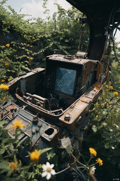 soft_color_photograpy, Movie-like still images and dynamic angles, Cinematic photo of an abandoned mech cockpit, cinematic lens, overgrown vines, broken machines, rusted steel, edelweiss flowers, oil stain, electrical wire hanging, shimmer, visual experience, Realism, award-winning graphics, dark shot, film grain, extremely detailed, Digital Art, rtx, Unreal Engine, scene concept anti glare effect, All captured with sharp focus, (best quality, masterpiece, Representative work, official art, Professional, Ultra intricate detailed, 8k:1.3)