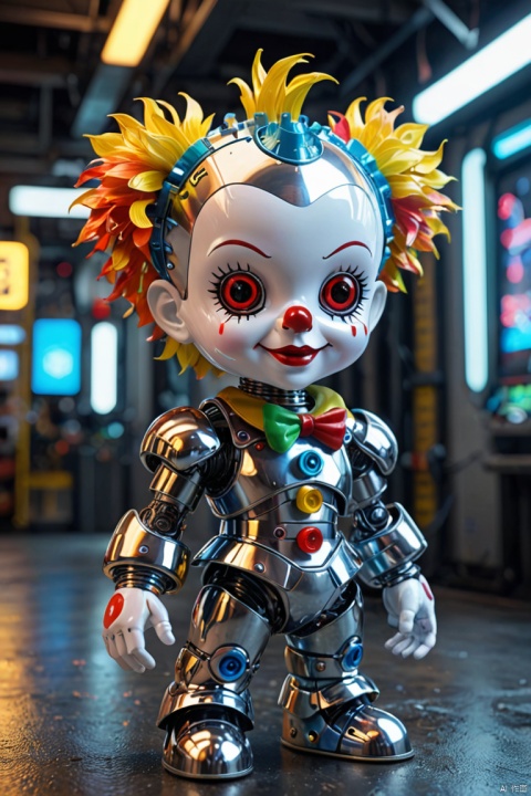 (three-dimensional,Mechanical feel,cute,small clown doll,Mechanical doll), Colorful neon lights, High-tech mechanical parts, Metal body, Detailed vibranium flower design, bright colors, Dynamic glowing flowers, Reflective metal surface, bright environment, dynamic poses, Exquisite presence, skill improved, interlocking mechanical gears, Stylish design, motion blur effect, Detailed metal processing, Sci-fi atmosphere, Streamlined aerodynamic shape, Laser scanning pattern, Holographic projection, LED light track, beautiful and unforgettable, Advanced sensors, complex algorithm, Ominous and mysterious atmosphere, electric spark, Shiny chrome plating, Propulsion systems of the future. (Ray tracing, Well-designed, high detail, ultra high definition), (best quality, masterpiece, Representative work, official art, Professional, Ultra intricate detailed, 8k:1.3)