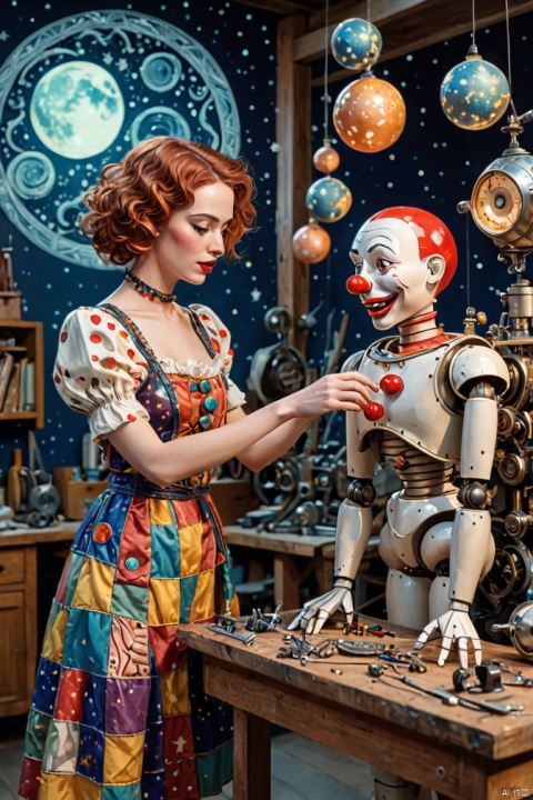 scene of a mechanical woman in a workshop fixing magical mechanical (clown puppets), about the curvature of space time, working, art deco, zentangle, full colored,3d crunch, cinematic, starry sky printed clothes, (best quality, masterpiece, Representative work, official art, Professional, Ultra intricate detailed, 8k:1.3)
