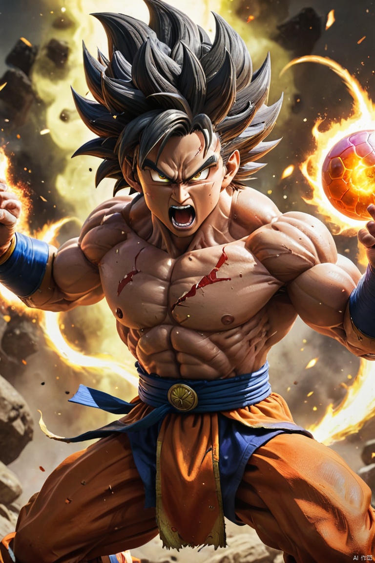 illustration,dragon ball,figure,Wukong,vegnette,robust,Saiyan,fighting,energy beam,Action packed,epic fighting,martial arts,Explosive force level,flight,gas explosion,Transformation,Characteristic hairstyle,muscular,otherworldly existence,fantasy,venture,superhuman strength,Supernatural abilities,angry,Axia,Namexians,robot,fighting championship,galactic conquest,cosmic threat,evil villain,The ultimate warrior,Orbital energy attack,dynamic poses,rich and colorful,shining,eye-catching,high-energy,Explosive effect,Orin Temple,dragon balls,deformation,interesting,good and evil,Teamwork,loyalty,destiny,immortal,lasting legacy,A symbol of power,The spirit of never giving up,Heroes who save the earth,larger than life,Legend,Engaging narrative,Fast-paced,Rapid heartbeat,universe-altering ventures,Dream of becoming the strongest warrior, (best quality, perfect masterpiece, Representative work, official art, Professional, high details, Ultra intricate detailed:1.3)