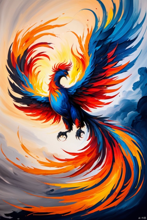 wide shot ((abstract Oil painting)) of a fire phoenix, on a sky background, ((large brush strokes.)) (thick oil painting), (best quality, masterpiece, Representative work, official art, Professional, unity 8k wallpaper:1.3)