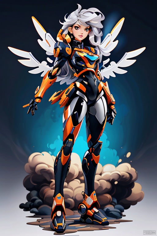 T-shirt design, vector art, mecha girl, (silver long hair), full-body pose, mechanical wings, dynamic angle, (best quality, masterpiece, Representative work, official art, Professional, 8k:1.3)