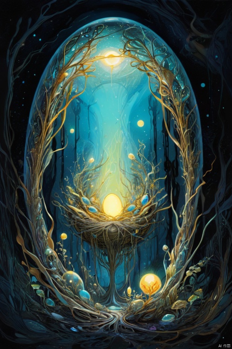 A magical golden nest from the abyss,Nest of alien life, Illumination of bioluminescent plants, The content is very detailed, Surrealism, high resolution, Gouache style, scribble art, Glaslorne, Influenced by Art Nouveau, Given, future, The Art of Lunar Encryption Wow, panoramic, Ultra high saturation, bright and vivid colors, intricate, (best quality, masterpiece, Representative work, official art, Professional, 8k)