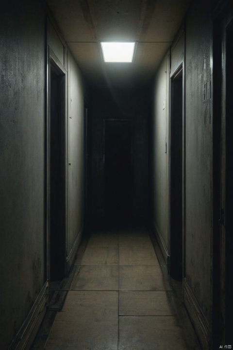 an unknown dark entity standing in front of a narrow hallway, liminal space, (tyndall effect, visible ray of light penetrating from behind the entity), evil, horror, unsettling, perfect illustration, anime realism, (best quality, masterpiece, Representative work, official art, Professional, Ultra intricate detailed, 8k:1.3)
