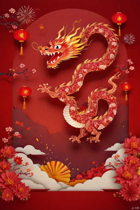 movie angle, a adorable child waving a Chinese dragon shaped lantern, Chinese New Year, positive, red background, cloud, flowers, fireworks, firecracker, lantern, paper art, geometry, chiaroscuro, chinese fantasy, panoramic view, Ultra high saturation, (best quality, masterpiece, Representative work, official art, Professional, 8k), papercut, kbxll, yanzhi