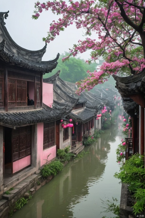 The scenery of the Jiangnan region, with narrow lanes after the rain, ancient town buildings on both sides, tree branches adorned with delicate pink flowers, and beautiful green leaves. The backdrop is the misty ancient town architecture of southern China. The image was created using ultra-high-definition virtual engine, to create a dreamy atmosphere, (masterpiece, best quality, perfect composition, very aesthetic, absurdres, ultra-detailed, intricate details, Professional, official art, Representative work:1.3)