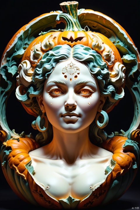 Bust of a goddess carved into a pumpkin, Fine art, high quality, surreal, bright colors, RococoStyle, classicism, chiaroscuro, 3D carving, pumpkin color, octane render, enhance, intricate, HDR, UHD, Relief style, (best quality, masterpiece, Representative work, official art, Professional, 8k wallpaper:1.3)