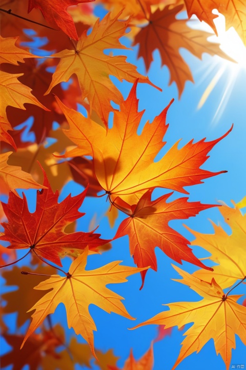 (A close-up of autumn leaves flying like butterflies from the clear blue sky）,Kanas photo of autumn leaves and maple leaves dancing in the wind,dyed maple leaves red,a different kind of enjoyment,maple leaves like fire,golden,And the gentle sunshine,a beautiful picture, enhance, intricate, (best quality, masterpiece, Representative work, official art, Professional, unity 8k wallpaper:1.3)