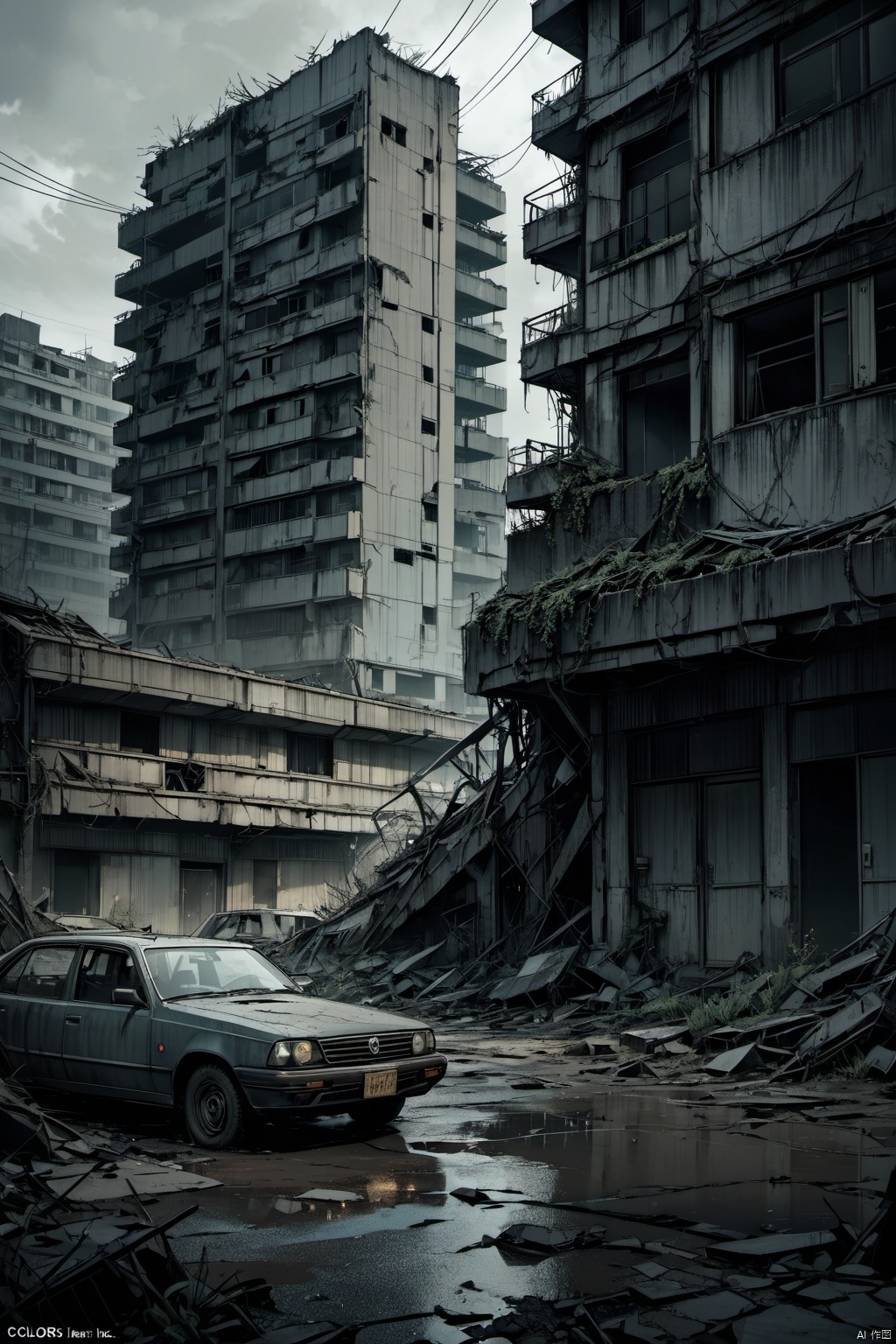 (close up of Crow), nuclear wasteland. The once prosperous city is now in ruins, Ruined buildings and abandoned vehicles litter the desolate landscape. Nature has begun to take back territory, Plants growing in concrete cracks,Vines entwine around rotting buildings. The atmosphere is weird, a feeling of loneliness and despair in the air. The scene is bathed in a dark and moody light, Emphasizes the post-apocalyptic setting. The colors become softer, A desaturated and faded color palette, This further enhances the desolate atmosphere of the scene, (masterpiece, best quality, perfect composition, very aesthetic, absurdres, ultra-detailed, intricate details, Professional, official art, Representative work:1.3)