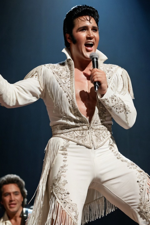 (eptheking), 1man\(elvis presley,(performing on stage),(playing the guitar),(wearing white caped fringe jumpsuit ),(full body:1.5),big smile,dynamic pose,chest hair\), BREAK ,background\((live stage:1.5),(many audience:1.5)\), BREAK ,quality\(intricate details, very sharp, detailed face, detailed skin,8k,wallpaper of extremely detailed CG unit, ​masterpiece,hight resolution,top-quality,top-quality real texture skin,hyper realisitic,increase the resolution,RAW photos,best qualtiy,highly detailed,the wallpaper,cinematic lighting,ray trace,golden ratio\),landscape,long shot,wide shot,dynamic angle, (masterpiece, best quality, perfect composition, very aesthetic, absurdres, ultra-detailed, intricate details, Professional, official art, Representative work:1.3)