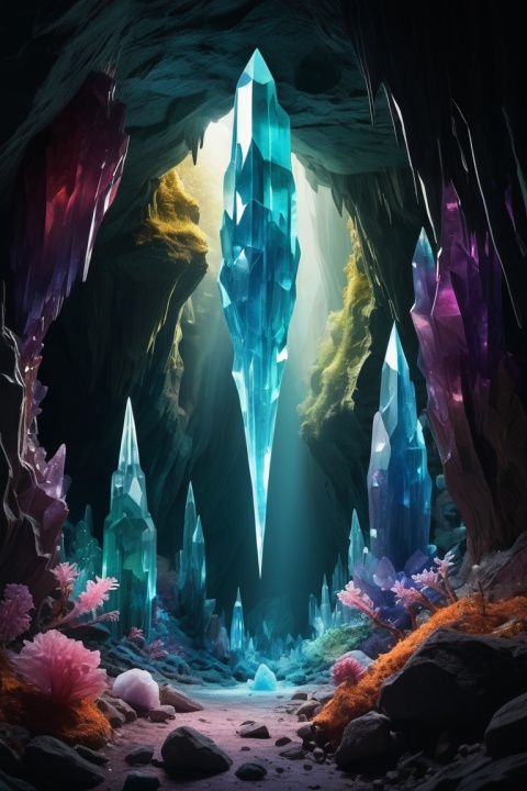 In the heart of an otherworldly realm lies a bizarre crystal cave, a place where reality and fantasy intertwine. The cave a mesmerizing spectacle, with crystal formations that defy the laws of nature. The crystals come in a riot of colors, glowing with an otherworldly radiance. Some crystals pulsate with energy, casting ethereal hues across the cavern walls. Envision a diverse array of crystal shapes, from towering spires to delicate formations that seem to defy gravity. The floor a bed of iridescent crystals, and as you walk, they emit a soft, harmonious hum. Luminescent moss clings to some crystals, adding an enchanting glow to the surroundings. The air thick with a mystical energy, and occasional gusts of wind carry with them the faint whispers of ancient secrets. The cave not only a visual spectacle but also a place of strange phenomena. Imagine pockets of anti-gravity where crystals float freely, and rare crystals that, when touched, evoke vivid visions. Capture the essence of this bizarre crystal cave in intricate detail, emphasizing the interplay of light and color. bringing to life the surreal experience of exploring this fantastical subterranean world. Consider using vibrant, contrasting colors to highlight the mystical nature of the crystals and create a sense of wonder, BREAK, intricate, (best quality, masterpiece, Representative work, official art, Professional, unity 8k wallpaper:1.3)