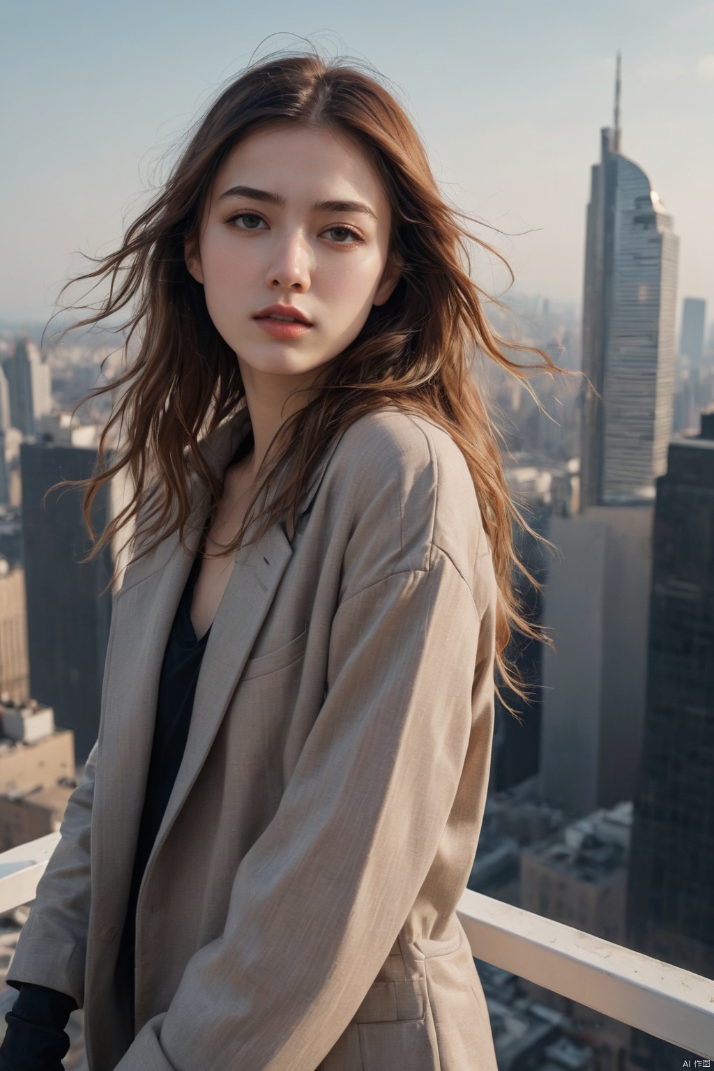 a beautiful girl standing on a rooftop of a skyscraper building, perfect face, detailed face, top view,cityscape,windy day,flowing hair,dressed in a stylish outfit, (masterpiece, best quality, perfect composition, very aesthetic, absurdres, ultra-detailed, intricate details, Professional, official art, Representative work:1.3)