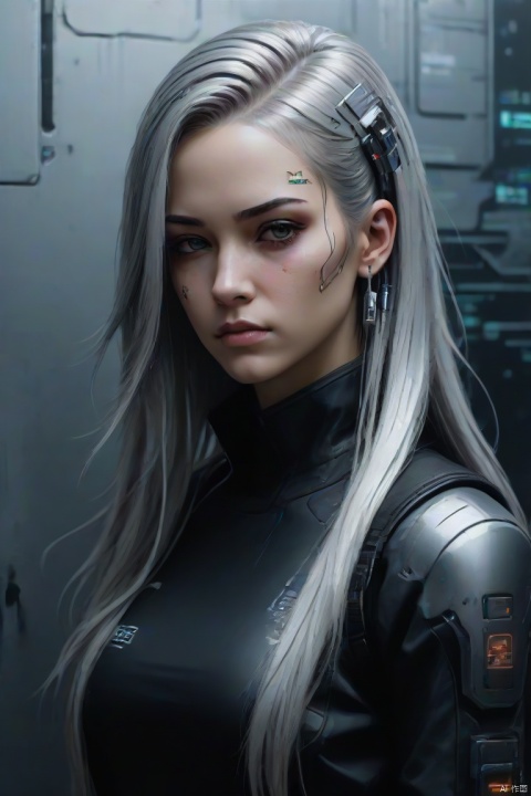 cyberpunk girl painted on lobby wall, (silver long hair), intricate, (best quality, masterpiece, Representative work, official art, Professional, 8k)