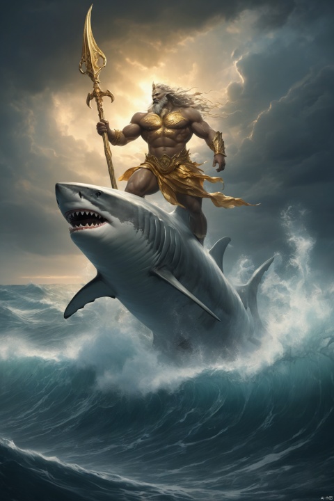  a sea god riding on a shark, mythology, divine power, majestic ocean waves, golden trident, shimmering scales, dynamic pose, stormy atmosphere, rippling muscles, endless horizon, oceanic realm, intense gaze, strong current, living force, dreadnought shark partner