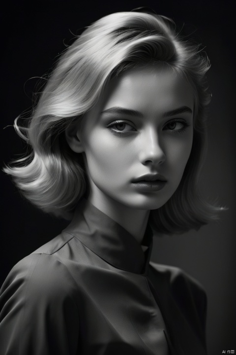 professional monochrome photograph of a blonde Russian 18 year old fashion model by Fred Stein and yousuf karsh, bold lines, hyper detailed, dark limited palette, chiaroscuro, mesmerizing, Futurism Art Style, dynamic pose, (best quality, masterpiece, Representative work, official art, Professional, Ultra intricate detailed, 8k:1.3)