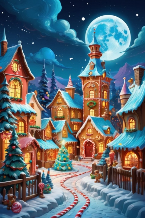 Sparkling, (Christmas village in dream fairy tale:1.4),(Van Gogh style Christmas architecture: 1.5),（The moon empty）,((Delicious sweets,Christmas tree, gifts, Christmas stockings, cute gingerbread man,chocolate house splash)), Illustration style, and decorations, Fantasy Christmas Town, Lovely design style, natta,snowfield,moon full,Vibrant colors、 ((Whimsical and charming fantasy)), Surreal portrait, (Fantasy themed fairy tale village), (Whimsical clockwork accessories), (Colorful, Landscape full of candy), (enchanting, Fantastic creatures), (A vibrant, candy colored building), (Sweets and Candy Road), (Candy Castle) in distance, (Like a mirror, Asymmetric masterpiece clock accessories), (Rich, fantasticcolors), (Twinkling stars) Elevated, enhance, intricate, (best quality, masterpiece, Representative work, official art, Professional, unity 8k wallpaper:1.3)