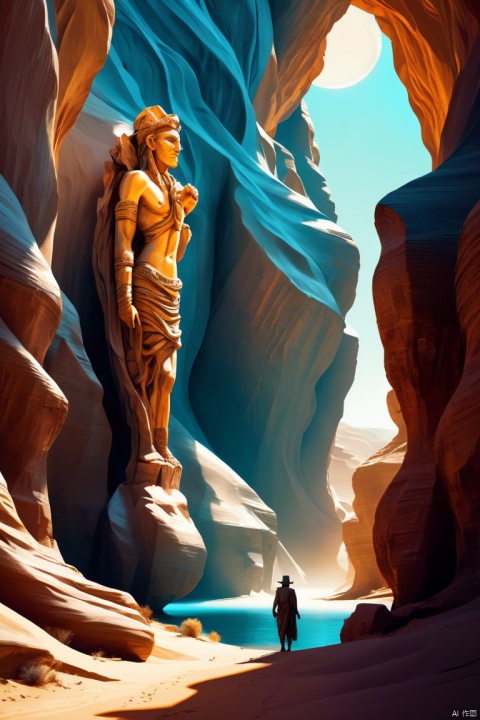 desert canyon, sculpture of ancient traveler, Huge and majestic river, Charming super high quality, extremely beautiful, Surreal,masterpiece, masterpiece, masterpiece, high contrast, tonal contrast, movie stills, movie angle, movie lighting, Stunning fantasy sky background details, enhance, intricate, (best quality, masterpiece, Representative work, official art, Professional, unity 8k wallpaper:1.3)