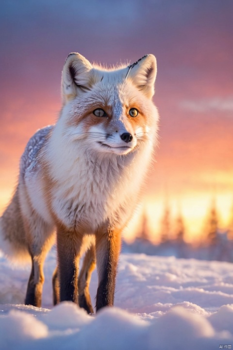 arctic fox, winter, sunrise, cute, adorable, fairytale, storybook detailed illustration, cinematic, ultra highly detailed, tiny details, beautiful details, mystical, luminism, vibrant colors, complex background, stunning, energy, molecular, textures, iridescent and luminescent scales, breathtaking beauty, pure perfection, divine presence, unforgettable, impressive, breathtaking beauty, volumetric light, auras, rays, vivid colors reflects, magnificent, ethereal, epic, magical, dreamy, chiaroscuro, atmospheric lighting, (best quality, masterpiece, Representative work, official art, Professional, Ultra intricate detailed, 8k:1.3)