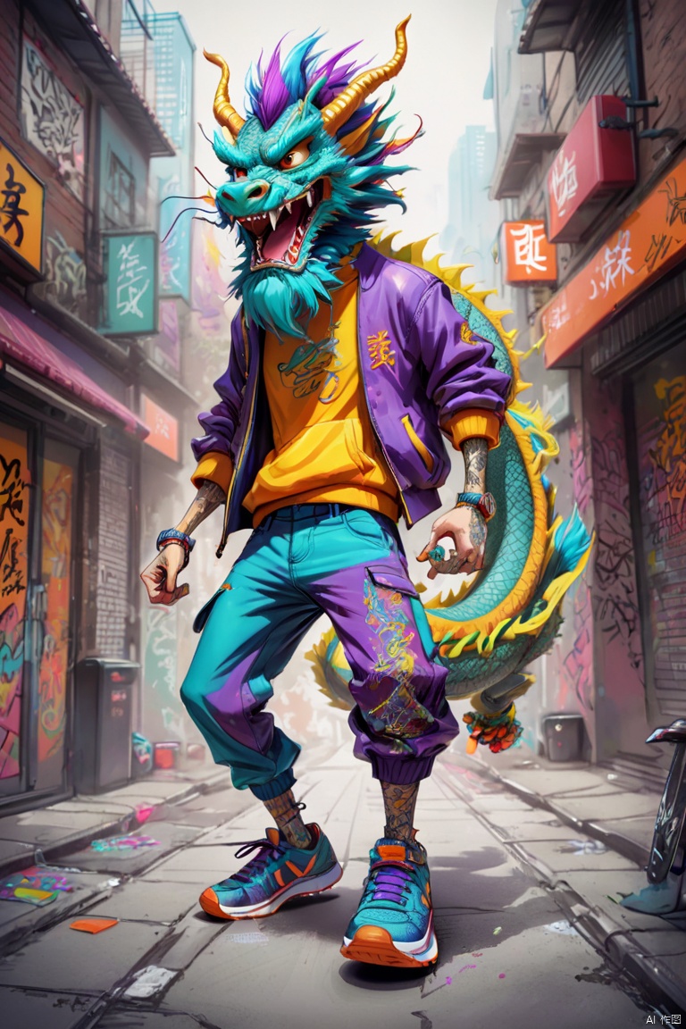 Pixar style, 3d rendering, hairy, (Humanized Chinese dragon wearing fashionable clothing, Pants, and shoes strutting), dynamic action, Graffiti pattern, hip hop style, colorful, Overclocked rendering, range mark drawing, Ballpoint pen outline, Super fun, interesting, (best quality, masterpiece, Representative work, official art, Professional, Ultra high detail, 8k)