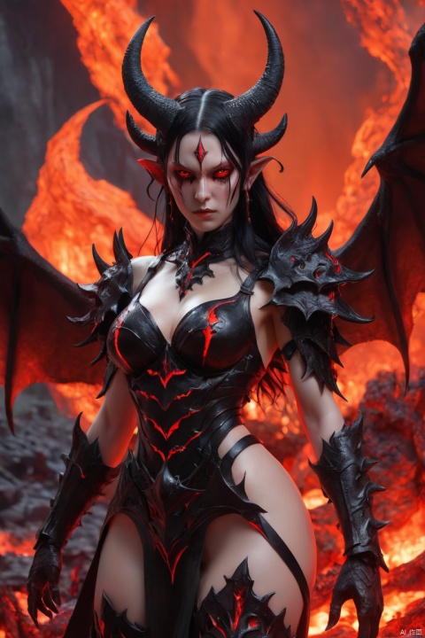 fantasy art, RPG art, masterpiece, a portrait picture o hellish female demon from hell, she has (black horns: 1.2), (black: 1.2) demon wings, (red: 1.3) skin, red lava dripping from her, she wears (white: 1.3) armor, hdsrmr, streams of rolling lava, hell in the background, 3d rendering, shadow wings, (masterpiece, best quality, perfect composition, very aesthetic, absurdres, ultra-detailed, intricate details, Professional, official art, Representative work:1.3)