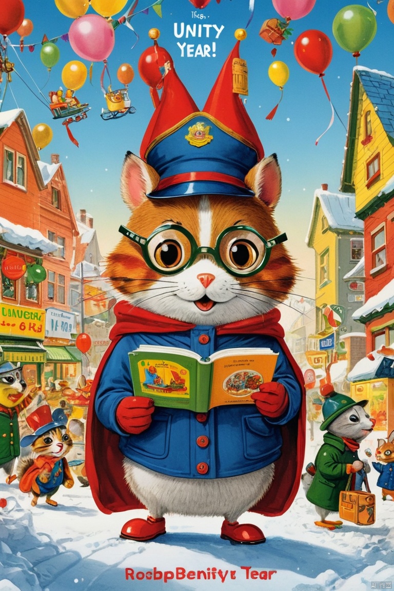 by Richard Scarry, cover art, poster art, new year, enhance, intricate, (best quality, masterpiece, Representative work, official art, Professional, unity 8k wallpaper:1.3)