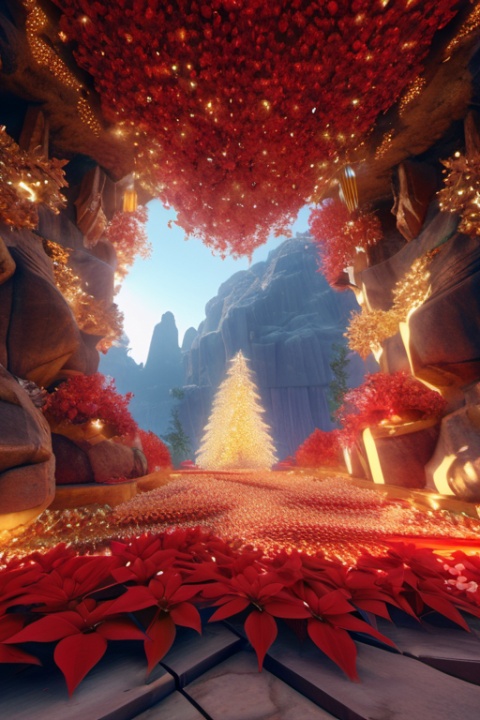 crystal caves, Crystal Grotto, glowing crystals, crystal reflection, Rays, Mistletoe, poinsettia red, warm gold, porcelain, (best composition), ultra-wide-angle, octane render, enhance, intricate, (best quality, masterpiece, Representative work, official art, Professional, unity 8k wallpaper:1.3), xxmixgirl