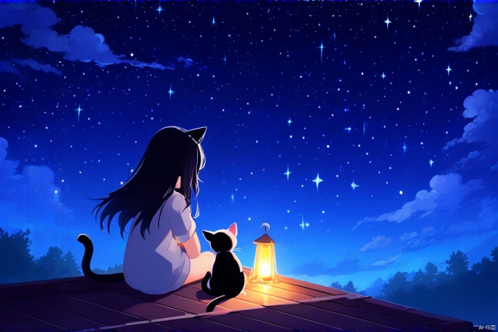 星空下的许愿,夜空如墨,繁星点点,少女与她的黑猫坐在屋顶,身旁放着一盏小灯。少女闭眼许愿,猫咪似懂非懂地“喵”了一声,仿佛也在默默祝福