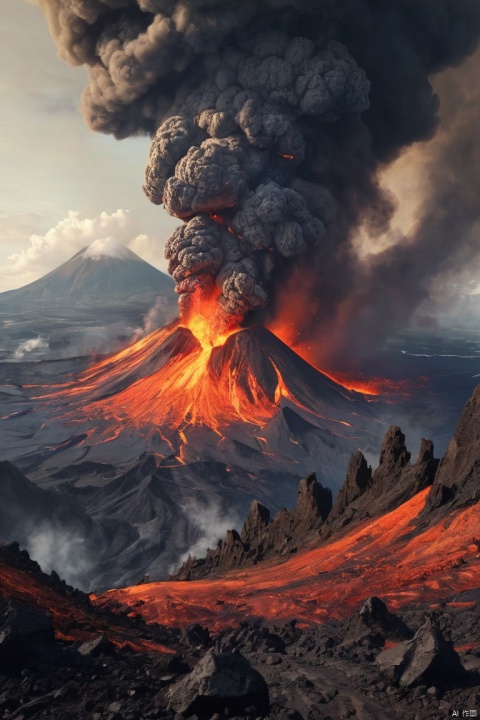 A catastrophic volcanic eruption, (masterpiece, best quality, perfect composition, very aesthetic, absurdres, ultra-detailed, intricate details, Professional, official art, Representative work:1.3)