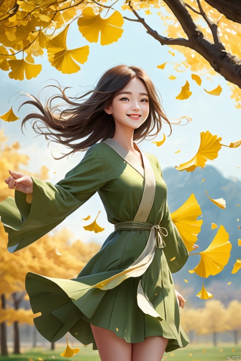 Under the ginkgo tree for a beautiful girl,The strong wind blew the leaves from the trees and fell, fluttering in the air.,The wind blows her hair,smile slightly,Very beautiful,leaves flying in the air, grainy, (best quality, masterpiece, Representative work, official art, Professional, unity 8k wallpaper:1.3)