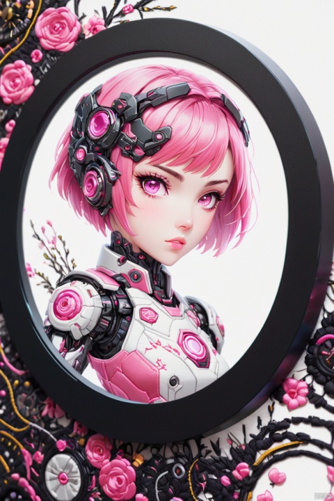 a mecha girl, Pink parted short hair, pink eyes, (embroidery circle, 3d framed embroidery, macro detailed stitching, intricate fabric texture), (best quality, masterpiece, Representative work, official art, Professional, unity 8k wallpaper:1.3)