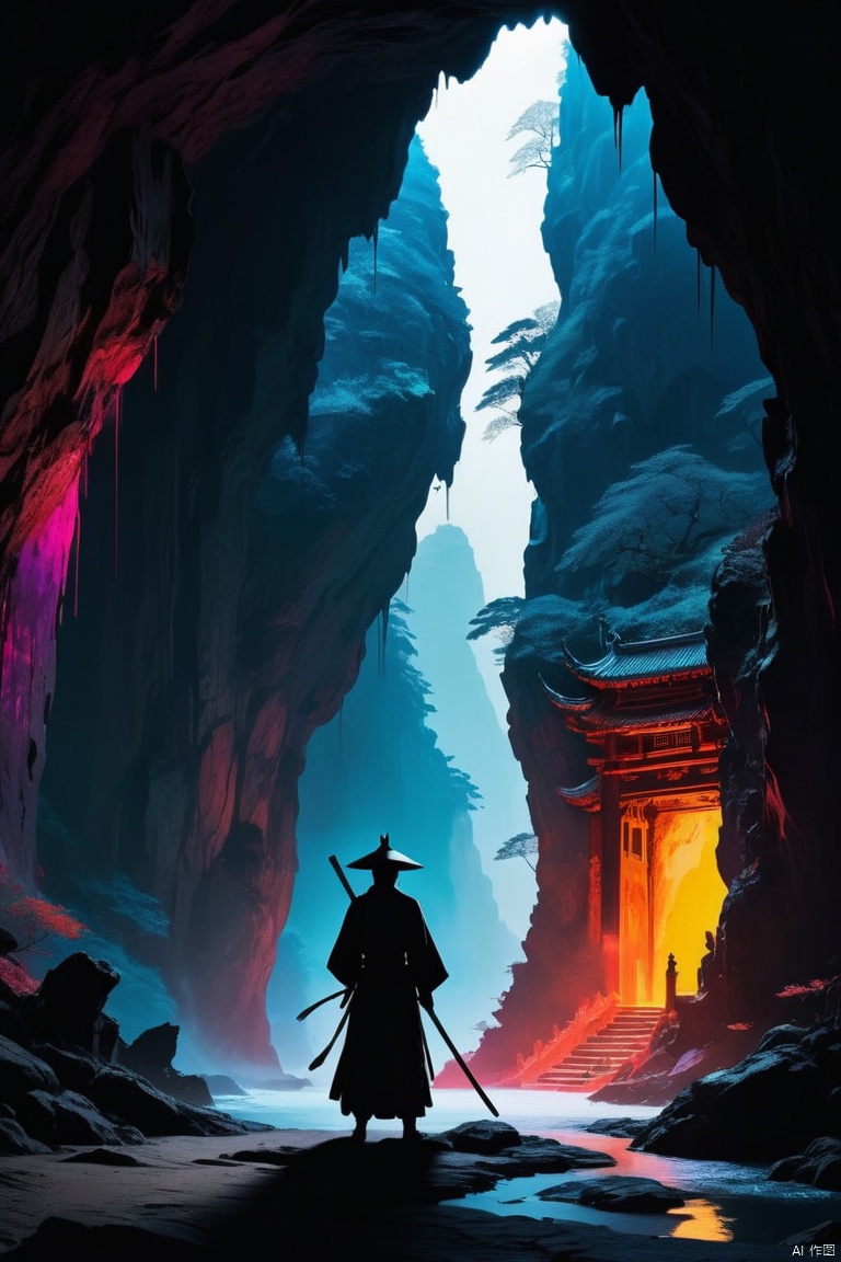 Chinese wuxia, silhouette of a swordsman standing outside a dark cave entrance, panoramic, Ultra high saturation, bright and vivid colors, intricate, (best quality, masterpiece, Representative work, official art, Professional, 8k)