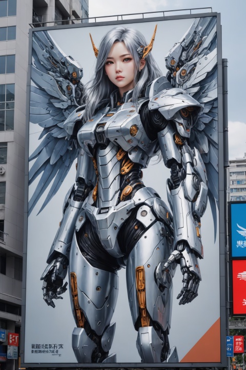  a mecha girl painted on billboard, (silver long hair), mechanical wings, bus station, intricate, (best quality, masterpiece, Representative work, official art, Professional, 8k)