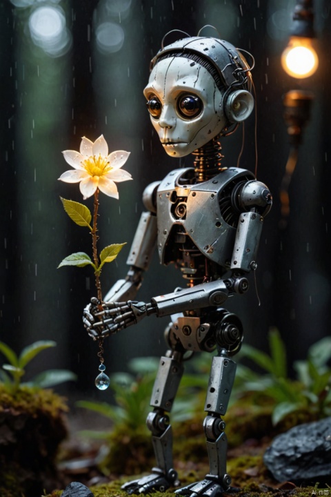photo of sad tiny Mechanical Puppet holding a glowing flower in hands, looking far, end of the world, apocalypse, dark fantasy, smooth, raining day, (best quality, masterpiece, Representative work, official art, Professional, Ultra intricate detailed, 8k:1.3)