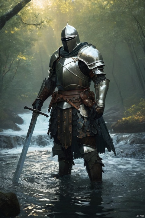 man in armor holding a sword standing in the water, full portrait of magical knight, wojtek fus, fantasy knight, knight, craig mullins, dark key, dark souls knight, dark fantasy style art, epic exquisite character art, strong fantasy knight, armored warrior, the dark souls knight, gothic knight, dark souls concept art, armoured warrior, epic fantasy character art, (masterpiece, best quality, perfect composition, very aesthetic, absurdres, ultra-detailed, intricate details, Professional, official art, Representative work:1.3)