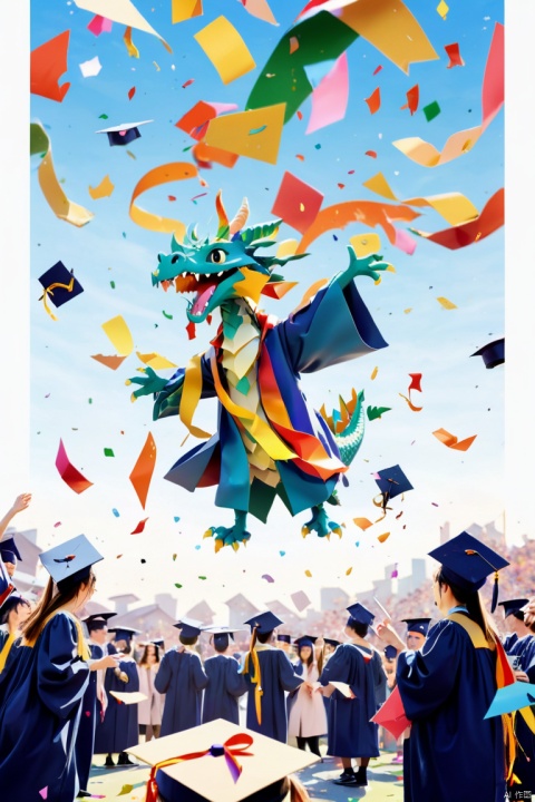 a Cute dragon in neat graduation attire, at graduation ceremony, colorful paper scraps falling from the sky, panoramic view, Ultra high saturation, (best quality, masterpiece, Representative work, official art, Professional, 8k)