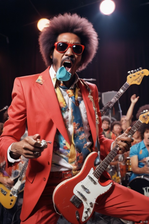 Anime from the 70s and 80s, a man playing electric guitar, Open your mouth wide and sing exaggeratedly, Wearing red suit, wearing sunglasses, afro Hairstyle, dynamic pose, Energetic performance, holding a microphone, Large collection of electronic band instruments, rock concert background, a blunt splice of elements like Arizona iced tea and Fiji water, the distortion and color cast effects of old picture tube televisions, panoramic view, Ultra high saturation, (best quality, masterpiece, Representative work, official art, Professional, 8k)