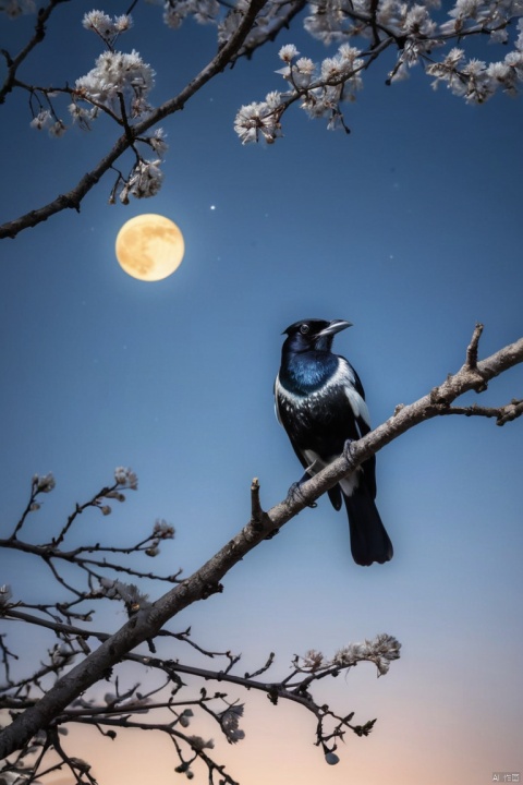 The bright moonlight filled the night sky, and under the silver glow, a magpie bird startled from a branch. Perhaps because the moonlight was too bright, it disturbed its habitat, and the unique branches showed a more lonely beauty under the moonlight, (masterpiece, best quality, perfect composition, very aesthetic, absurdres, ultra-detailed, intricate details, Professional, official art, Representative work:1.3)