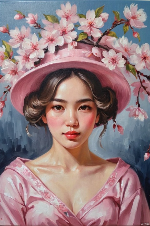 oil painting,Beautiful girl wearing cherry blossom hat, Gurwitz style artwork, artistic creativity, (best quality, masterpiece, Representative work, official art, Professional, Ultra intricate detailed, 8k:1.3)