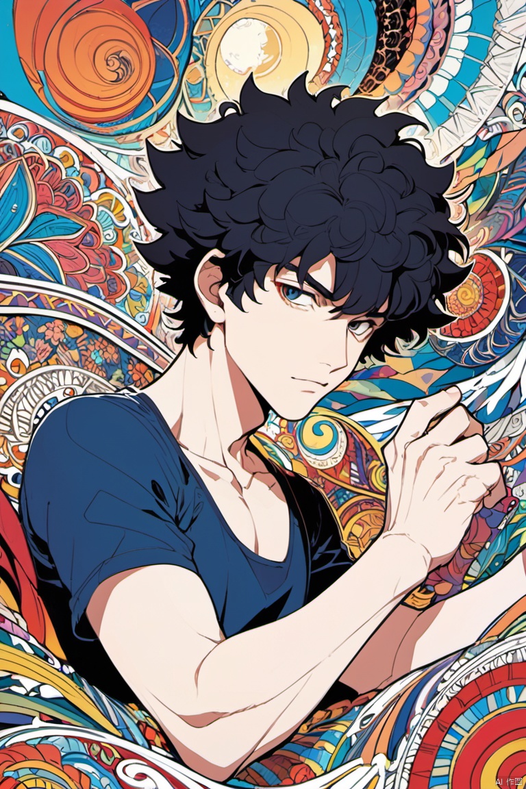 Male focus, Spike Spiegel, Cowboy Bebop, lively, beautiful, Picturesque, become familiar with, texture, Artistic, Zentangle Elements, draw with thick lines, clear, (masterpiece, best quality, perfect composition, very aesthetic, absurdres, ultra-detailed, intricate details, Professional, official art, Representative work:1.3)