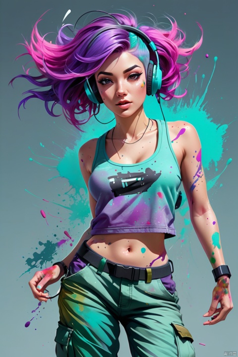 a award winning half body portrait of a beautiful woman in a croptop and cargo pants with ombre purple pink teal hairstyle with head in motion and hair flying listenin to music on headphones,paint splatter,digital art,trending on artstation,highly detailed,fine detail, enhance, intricate, (best quality, masterpiece, Representative work, official art, Professional, unity 8k wallpaper:1.3)