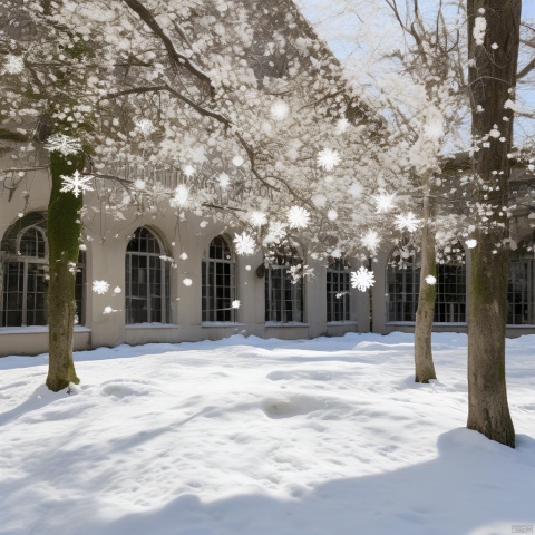 early spring, the harmonious coexistence of white snow and nascent grass sprouts, as well as the artistic conception of snowflakes dotted among the trees in the courtyard like flying flowers