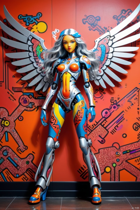 a mecha girl painted by Keith Haring on lobby wall, (silver long hair), full-body pose, mechanical wings, dynamic angle, panoramic, Ultra high saturation, bright and vivid colors, intricate, (best quality, masterpiece, Representative work, official art, Professional, 8k)