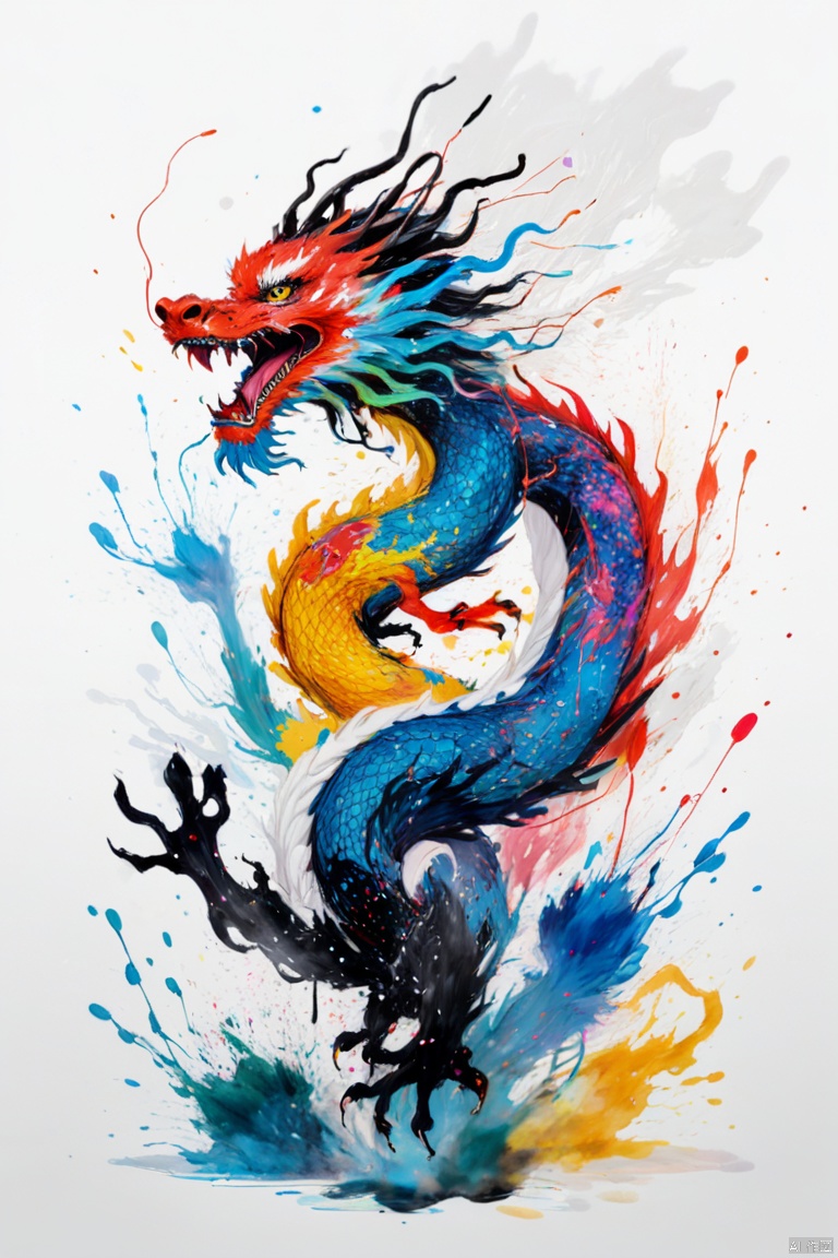scribble art,ink splatter,wild and unrestrained,splash ink painting,chinese dragon, traditional, mythical creature, colorful,Blurry dreams,Dynamic energy, release creation,visual impact,modern aesthetic, Elegant and simple, Contemporary interpretation, White background, panoramic, Ultra high saturation, (best quality, masterpiece, Representative work, official art, Professional, 8k)