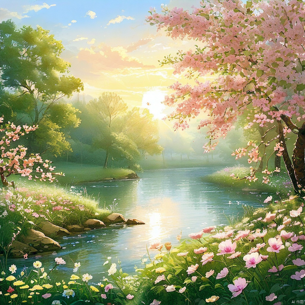 A serene riverside scene on a spring morning, with a lush tapestry of blooming flowers stretching as far as the eye can see. Soft sunlight casts a warm glow, highlighting delicate petals and tender greenery. A gentle breeze rustles leaves and stirs the blossoms, creating a mesmerizing dance of color and texture. The air is alive with the sweet scent of blooming flora, enveloping all in a vibrant celebration of spring's rebirth