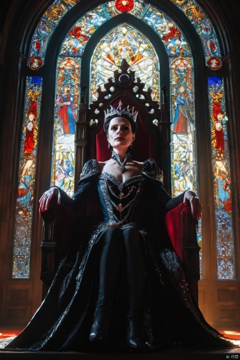 evil queen sitting on the throne, view from below, (tyndall effect from the stained glass decoration behind her, visible ray of light entering the room interior), powerful, evil, darkness, sadness, unsettling aura, perfect illustration, anime realism, (best quality, masterpiece, Representative work, official art, Professional, Ultra intricate detailed, 8k:1.3)